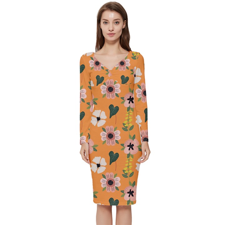 Flower Orange Pattern Floral Long Sleeve V-Neck Bodycon Dress 