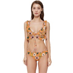 Flower Orange Pattern Floral Low Cut Ruffle Edge Bikini Set