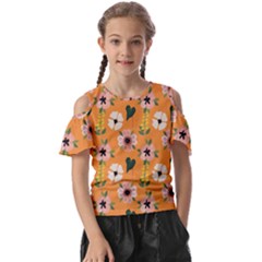 Flower Orange Pattern Floral Kids  Butterfly Cutout T-shirt by Dutashop