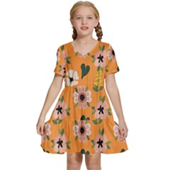 Flower Orange Pattern Floral Kids  Short Sleeve Tiered Mini Dress