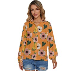 Flower Orange Pattern Floral Women s Long Sleeve Button Up Shirt