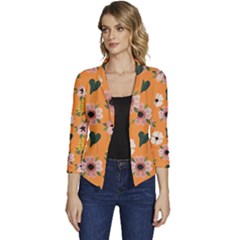 Flower Orange Pattern Floral Women s Casual 3/4 Sleeve Spring Jacket by Dutashop