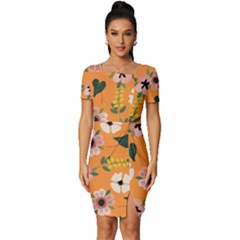 Flower Orange Pattern Floral Fitted Knot Split End Bodycon Dress by Dutashop