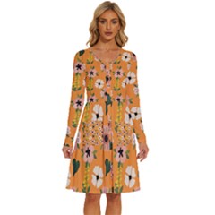 Flower Orange Pattern Floral Long Sleeve Dress With Pocket by Dutashop