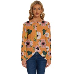 Flower Orange Pattern Floral Long Sleeve Crew Neck Pullover Top by Dutashop