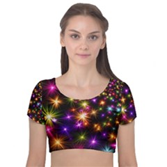 Star Colorful Christmas Abstract Velvet Short Sleeve Crop Top 