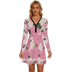 Floral Vintage Flowers Long Sleeve Deep V Mini Dress 