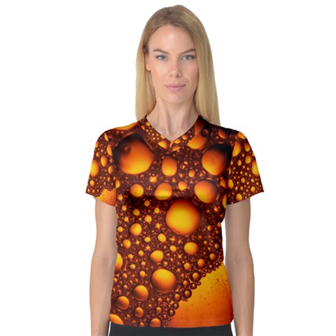 Bubbles Abstract Art Gold Golden V-neck Sport Mesh T-shirt by Dutashop