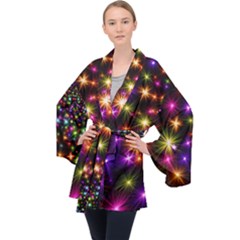 Star Colorful Christmas Abstract Long Sleeve Velvet Kimono 