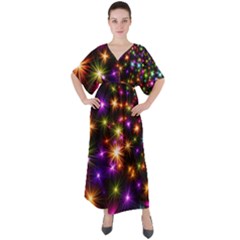 Star Colorful Christmas Abstract V-neck Boho Style Maxi Dress