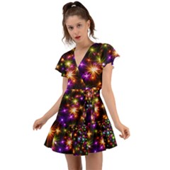 Star Colorful Christmas Abstract Flutter Sleeve Wrap Dress