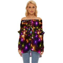 Star Colorful Christmas Abstract Off Shoulder Chiffon Pocket Shirt