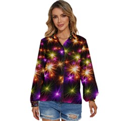 Star Colorful Christmas Abstract Women s Long Sleeve Button Up Shirt