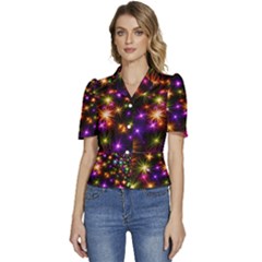 Star Colorful Christmas Abstract Puffed Short Sleeve Button Up Jacket