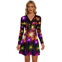 Star Colorful Christmas Abstract Long Sleeve Deep V Mini Dress 