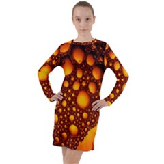 Bubbles Abstract Art Gold Golden Long Sleeve Hoodie Dress