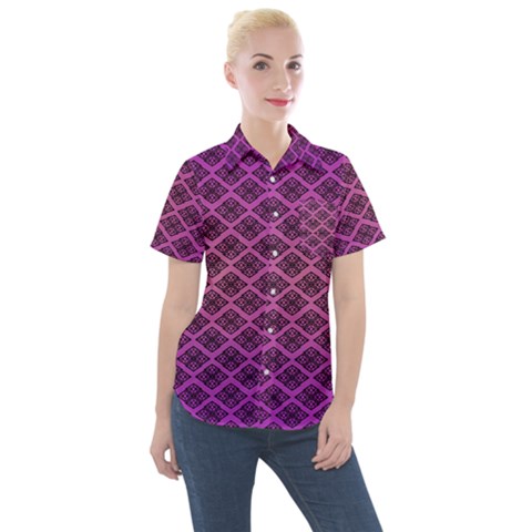 Pattern Texture Geometric Patterns Purple Women s Short Sleeve Pocket Shirt by Dutashop