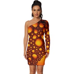 Bubbles Abstract Art Gold Golden Long Sleeve One Shoulder Mini Dress by Dutashop