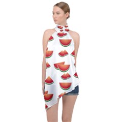 Summer Watermelon Pattern Halter Asymmetric Satin Top