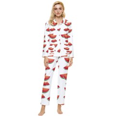 Summer Watermelon Pattern Womens  Long Sleeve Velvet Pocket Pajamas Set