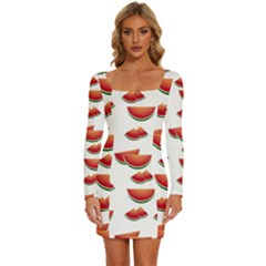 Summer Watermelon Pattern Long Sleeve Square Neck Bodycon Velvet Dress