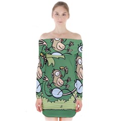 Ostrich Jungle Monkey Plants Long Sleeve Off Shoulder Dress by Bajindul