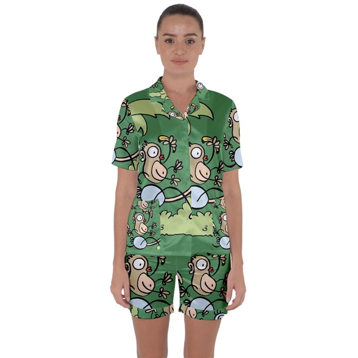 Ostrich Jungle Monkey Plants Satin Short Sleeve Pajamas Set