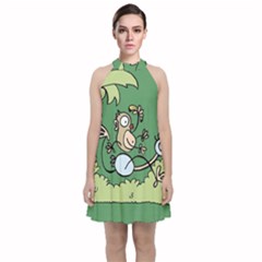 Ostrich Jungle Monkey Plants Velvet Halter Neckline Dress 