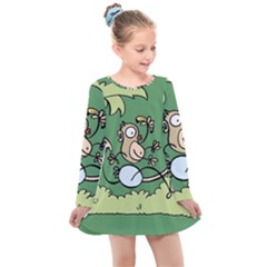 Ostrich Jungle Monkey Plants Kids  Long Sleeve Dress by Bajindul