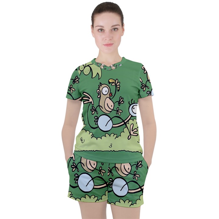 Ostrich Jungle Monkey Plants Women s T-Shirt and Shorts Set