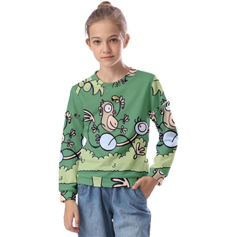 Ostrich Jungle Monkey Plants Kids  Long Sleeve T-shirt With Frill  by Bajindul