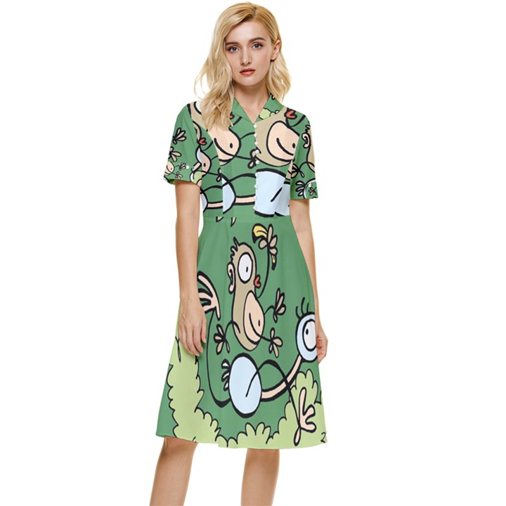 Ostrich Jungle Monkey Plants Button Top Knee Length Dress