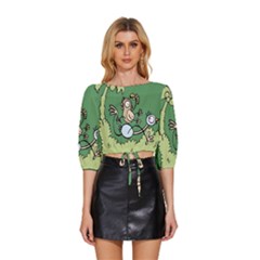 Ostrich Jungle Monkey Plants Mid Sleeve Drawstring Hem Top by Bajindul