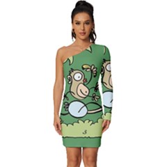 Ostrich Jungle Monkey Plants Long Sleeve One Shoulder Mini Dress by Bajindul