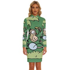 Ostrich Jungle Monkey Plants Long Sleeve Shirt Collar Bodycon Dress by Bajindul