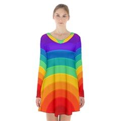 Rainbow Background Colorful Long Sleeve Velvet V-neck Dress