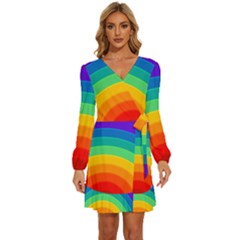 Rainbow Background Colorful Long Sleeve Waist Tie Ruffle Velvet Dress by Bajindul