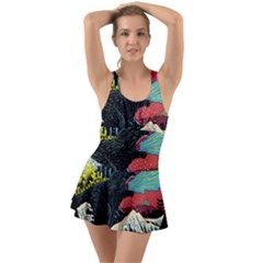 Retro Wave Kaiju Godzilla Japanese Pop Art Style Ruffle Top Dress Swimsuit by Modalart