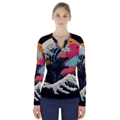 Retro Wave Kaiju Godzilla Japanese Pop Art Style V-neck Long Sleeve Top by Modalart