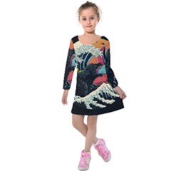 Retro Wave Kaiju Godzilla Japanese Pop Art Style Kids  Long Sleeve Velvet Dress by Modalart