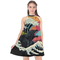 Retro Wave Kaiju Godzilla Japanese Pop Art Style Halter Neckline Chiffon Dress  by Modalart