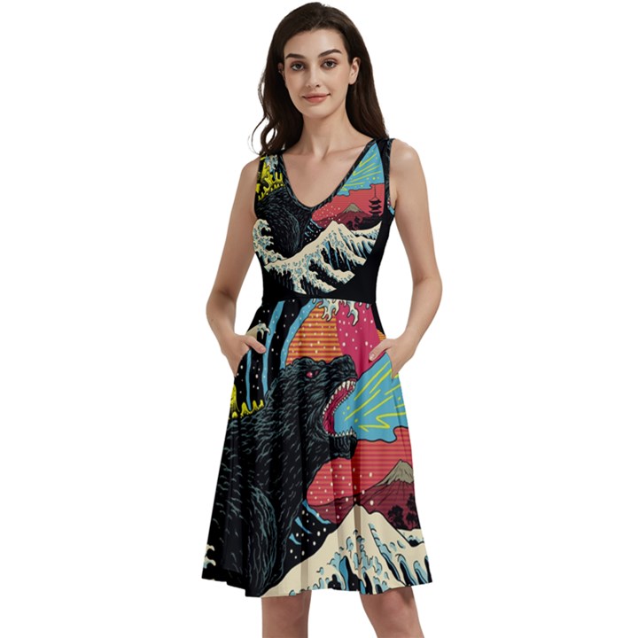 Retro Wave Kaiju Godzilla Japanese Pop Art Style Sleeveless V-Neck Skater Dress with Pockets