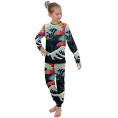 Retro Wave Kaiju Godzilla Japanese Pop Art Style Kids  Long Sleeve Set  by Modalart