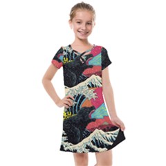 Retro Wave Kaiju Godzilla Japanese Pop Art Style Kids  Cross Web Dress by Modalart