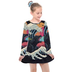 Retro Wave Kaiju Godzilla Japanese Pop Art Style Kids  Long Sleeve Dress by Modalart