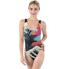 Retro Wave Kaiju Godzilla Japanese Pop Art Style High Leg Strappy Swimsuit by Modalart