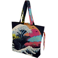 Retro Wave Kaiju Godzilla Japanese Pop Art Style Drawstring Tote Bag by Modalart