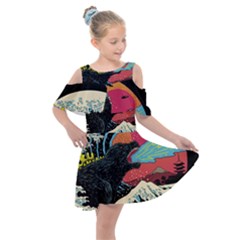 Retro Wave Kaiju Godzilla Japanese Pop Art Style Kids  Shoulder Cutout Chiffon Dress by Modalart