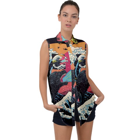 Retro Wave Kaiju Godzilla Japanese Pop Art Style Sleeveless Chiffon Button Shirt by Modalart