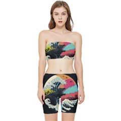 Retro Wave Kaiju Godzilla Japanese Pop Art Style Stretch Shorts And Tube Top Set by Modalart